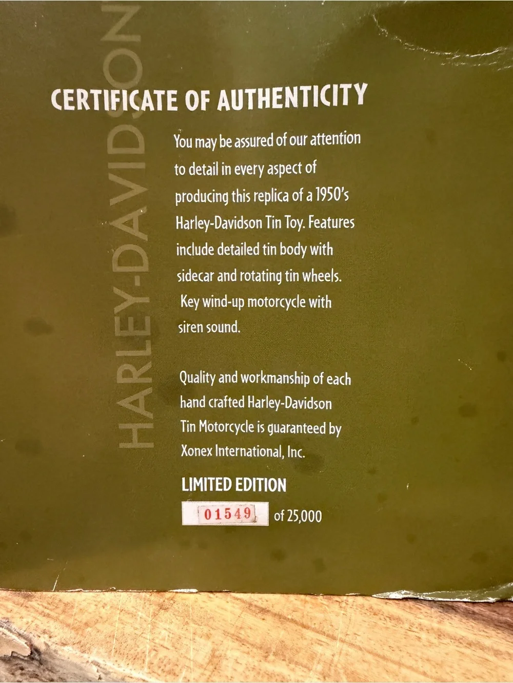 Harley-Davidson Olive Green & Tan Tin Motorcycle with Sidecar